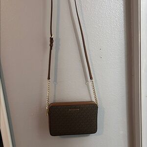 Michael Kors Brown Logo Crossbody with Gold Chain